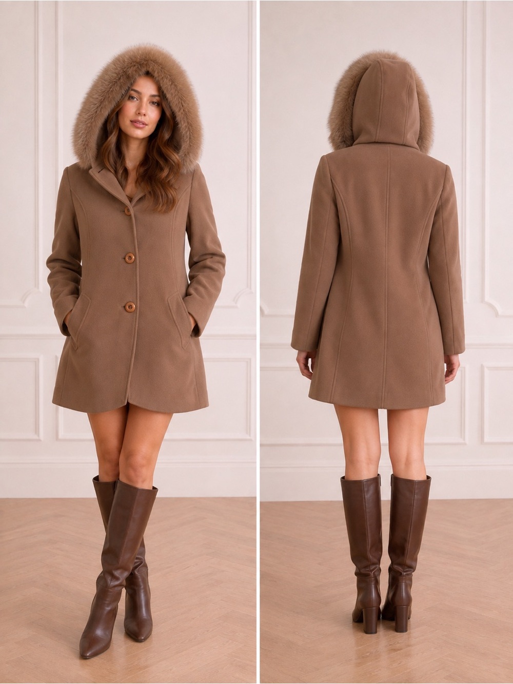 Vtg Sachi Genuine Fox Fur Trim Hooded Wool Coat Size Large In Tan